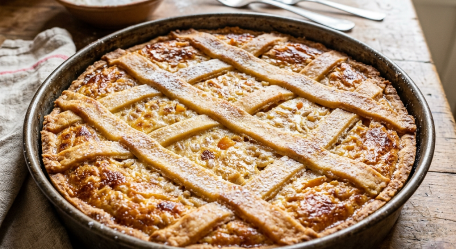 Rustic crostata with lattice crust in a round metal pan on wooden table