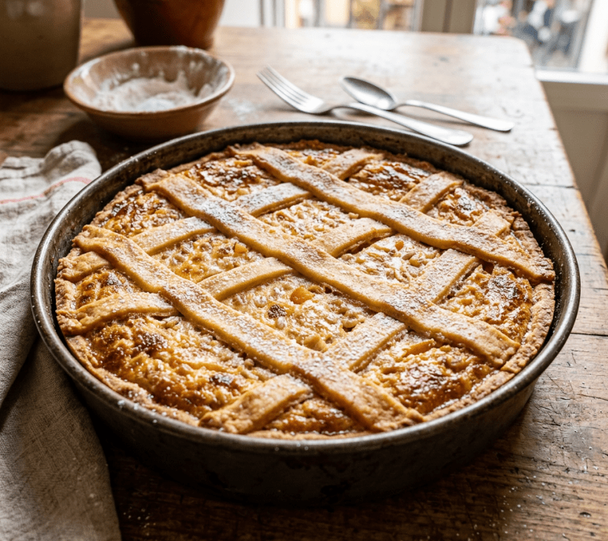 Rustic crostata with lattice crust in a round metal pan on wooden table