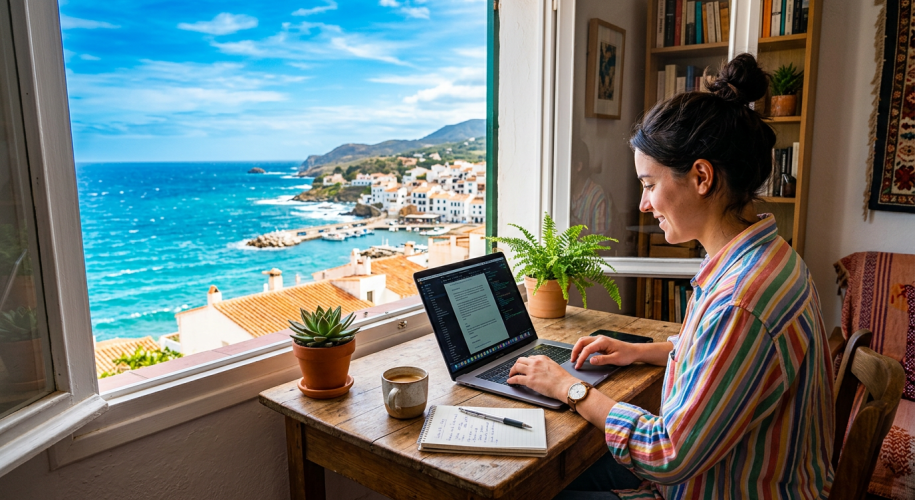 Woman typing on laptop at wooden desk with ocean and coastal buildings in background