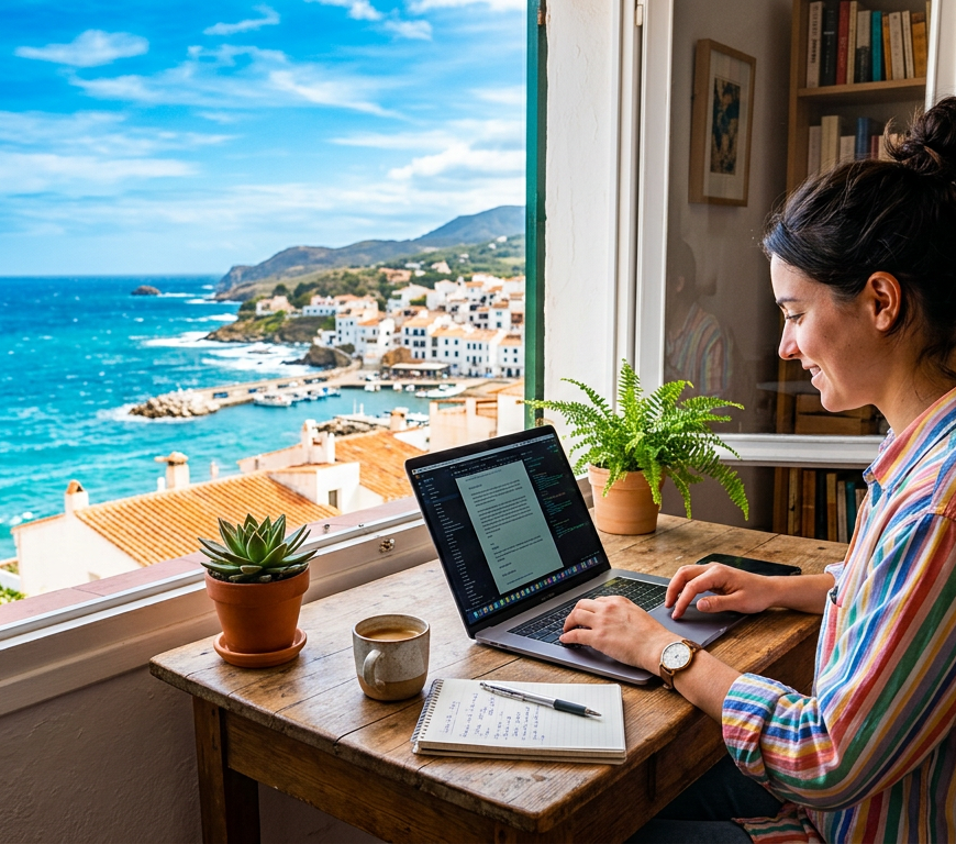 Woman typing on laptop at wooden desk with ocean and coastal buildings in background